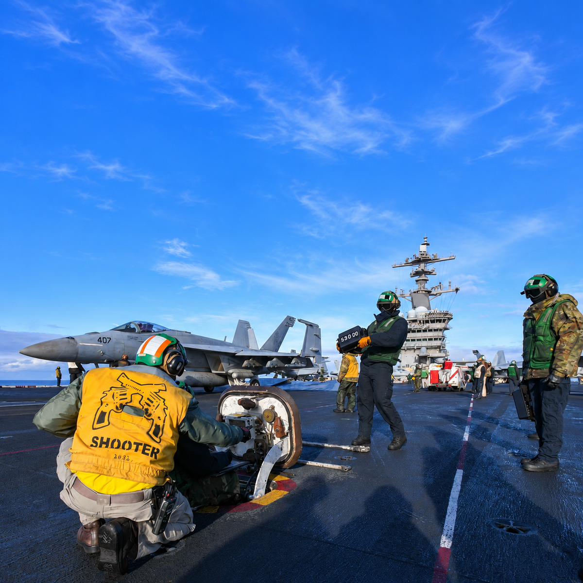 Sailors prepare a VFA-87 F/A-18E Super Hornet aboard USS Theodore Roosevelt, with “SHOOTER” on a yellow vest and “407” on the aircraft.