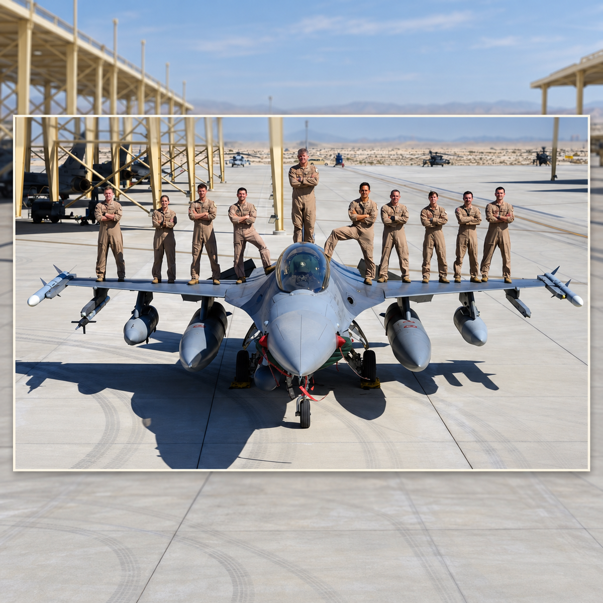 Pilots of the 555th Fighter Squadron, known as the Triple Nickel, posing with arms crossed on the wings and fuselage of an F-16 Fighting Falcon on the flight line.