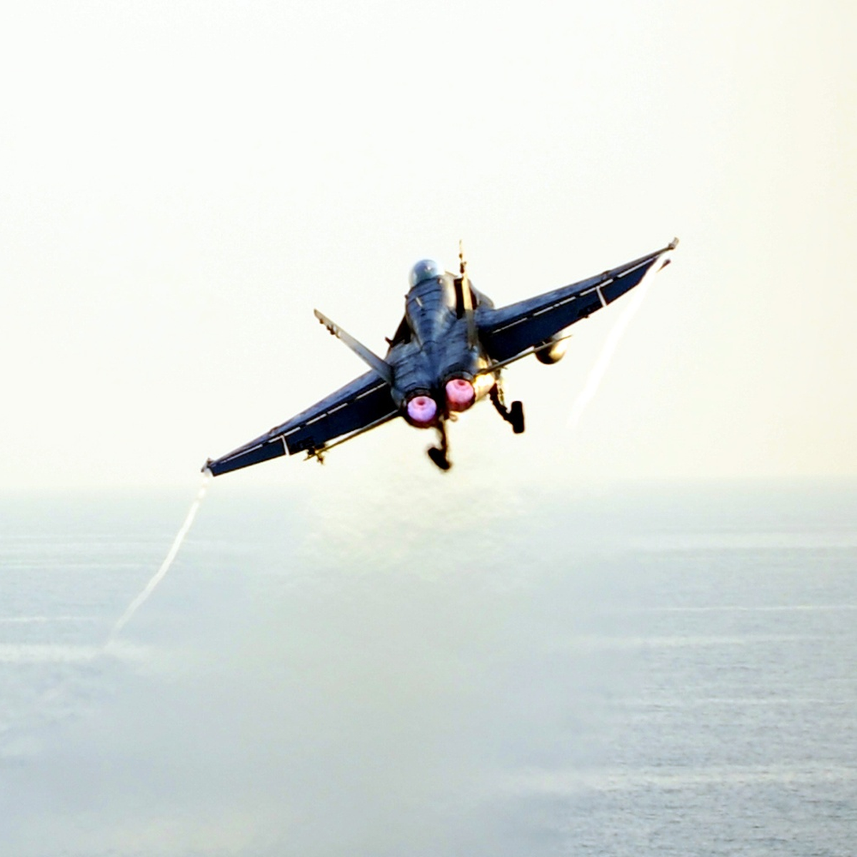 A VFA-87 F/A-18C Hornet climbs above the sea with landing gear extended and both afterburners glowing.